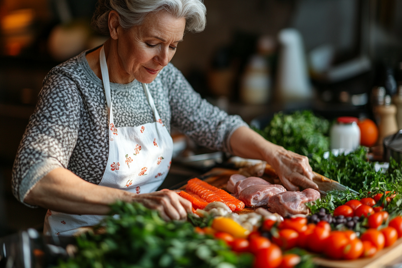 Femeie senior zambind in bucatarie while preparing a healthy meal